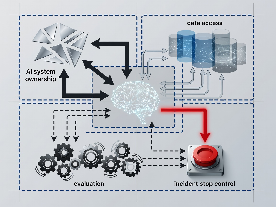 Technical diagram showing AI system ownership, data access, evaluation and an incident stop control