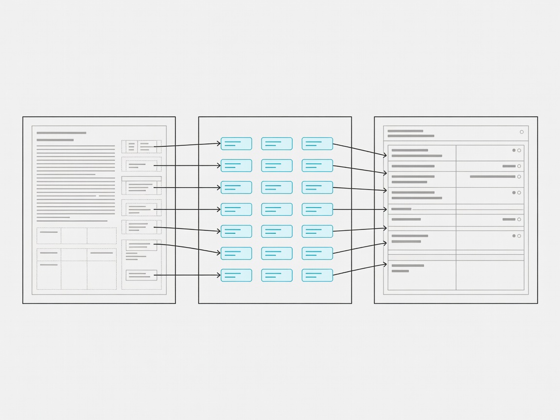 Technical diagram connecting document regions to extracted fields and a validation review queue